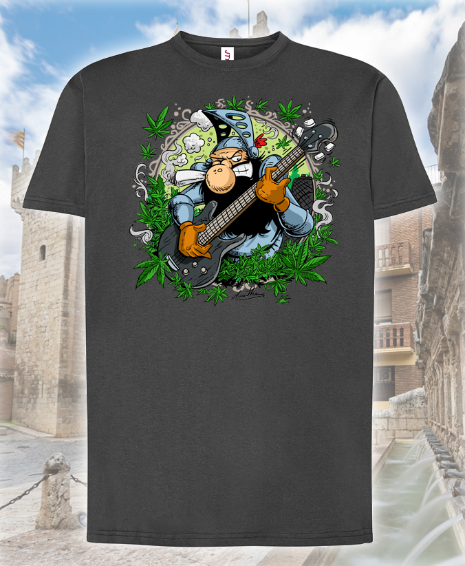 Camiseta negra del Porrero Medieval bajista, fotografía original de Moratha